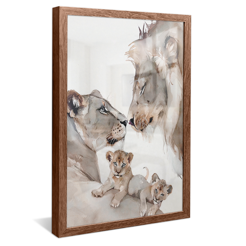 Lions Family Two Puppies Clean Painting Canvas