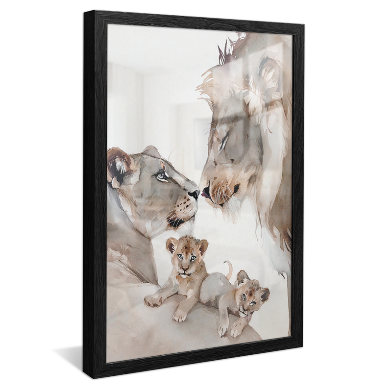 Lions Family Two Puppies Clean Painting Canvas