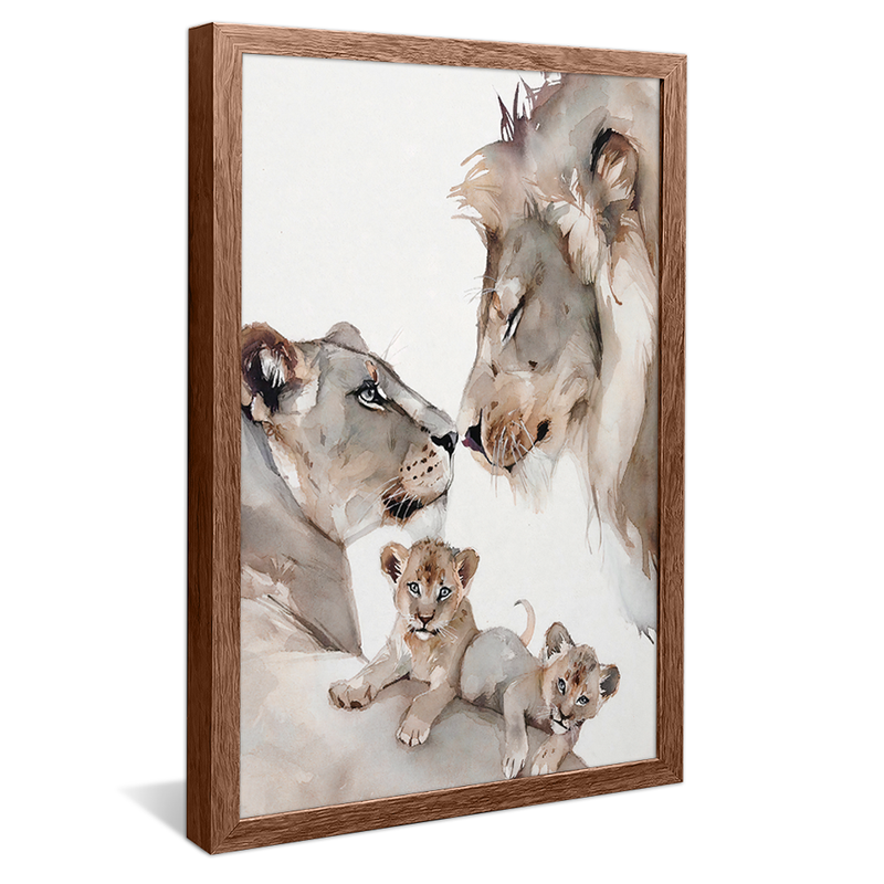 Lions Family Two Puppies Clean Painting Canvas