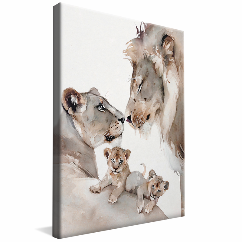 Lions Family Two Puppies Clean Painting Canvas