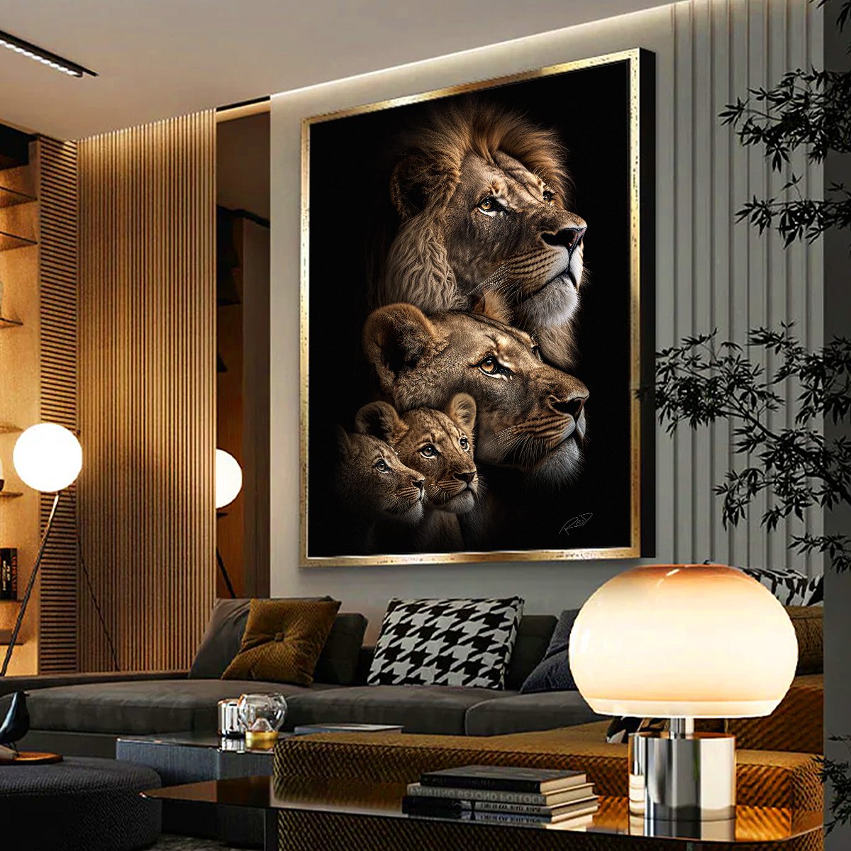 Lion with Two Cubs Full Color Canvas