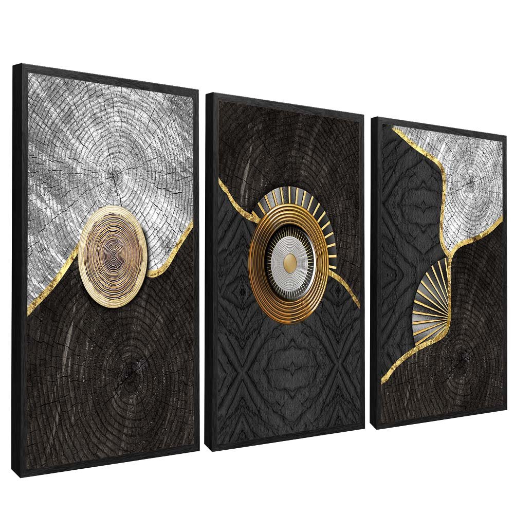 Trio Abstract Symbols on Wood V1754 Canvas