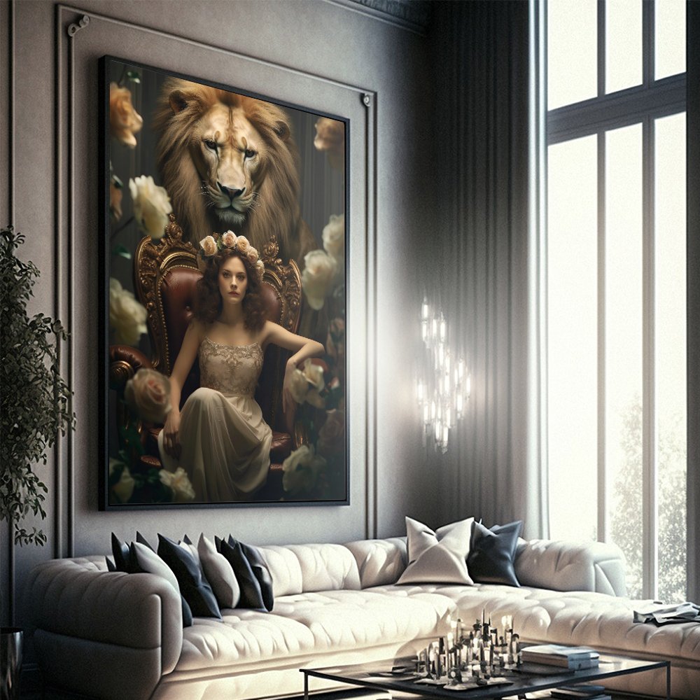 Woman on Throne with Lion Guard Canvas