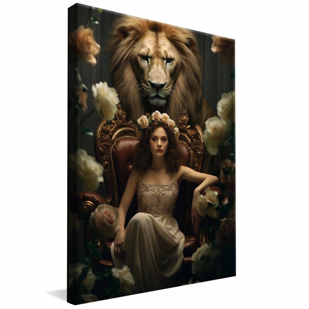 Woman on Throne with Lion Guard Canvas