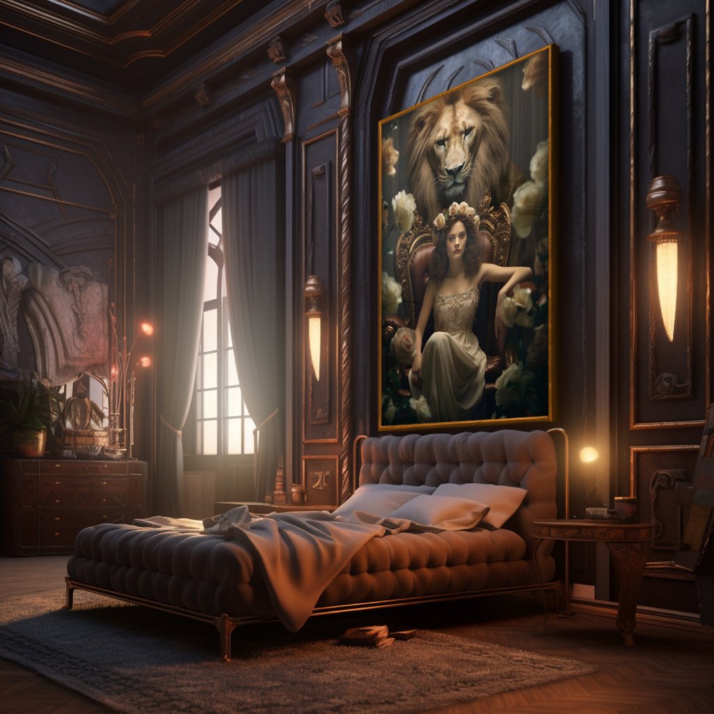 Woman on Throne with Lion Guard Canvas