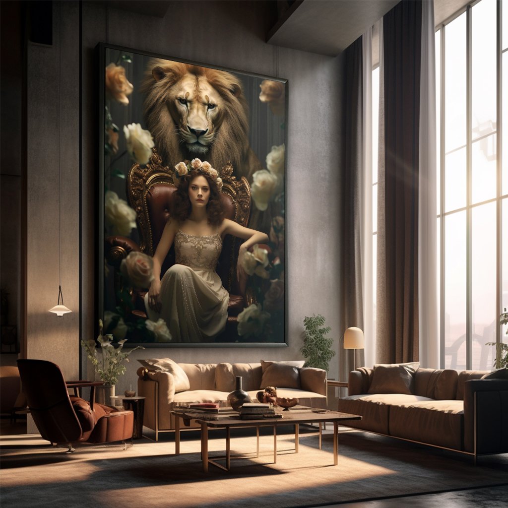 Woman on Throne with Lion Guard Canvas