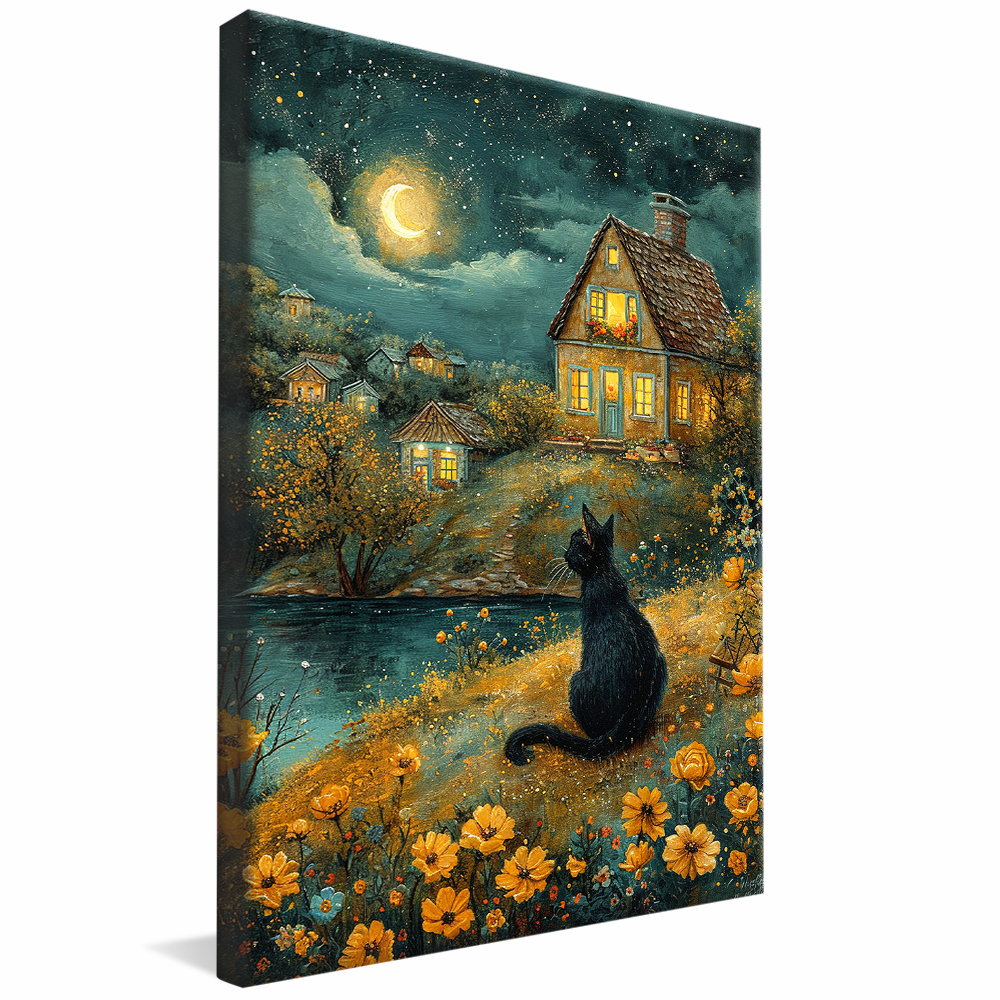 Black Cat under the Moon Painting V1155 Canvas