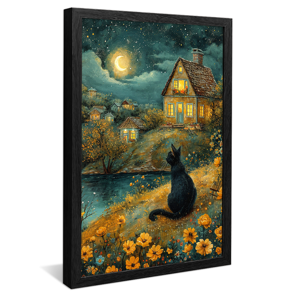 Black Cat under the Moon Painting V1155 Canvas